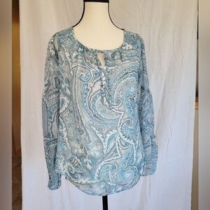 WHBM Blue sheer lined v tie neck paisley print sheer long bell sleeve blouse XS